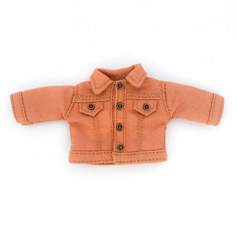 A miniature orange denim jacket for 1/12 scale dolls.