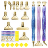 A set of ten resin diamond painting pens with interchangeable metal tips and multi-placers shown in various colors and gold a