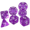 A set of transparent purple polyhedral dice including a d4, d6, d8, d10, d12, and d20.