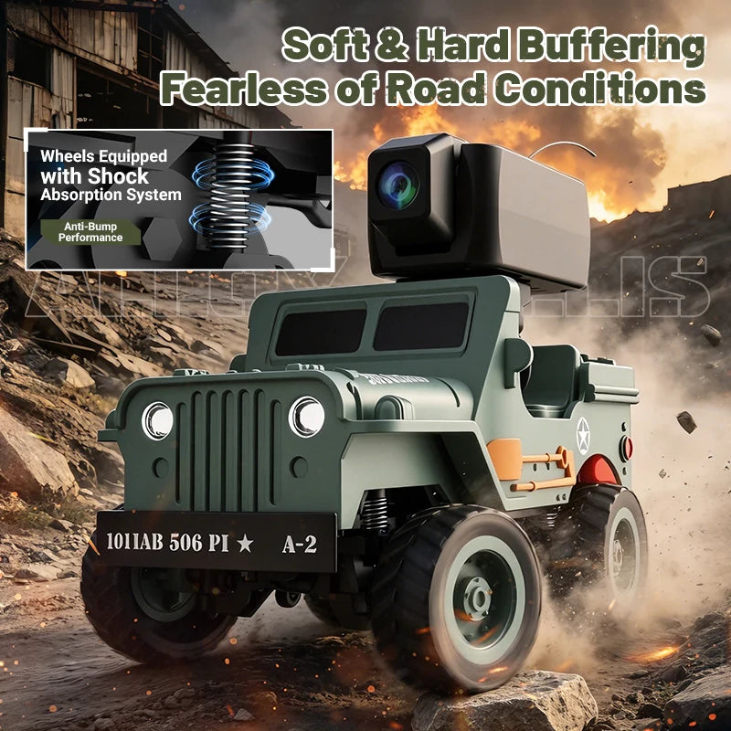 A green 1:64 scale RC Jeep Willys 4WD off-road crawler driving through dusty terrain.