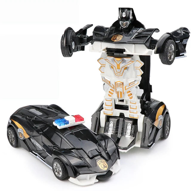 A black and white transforming car robot toy with a cockpit and wheels.