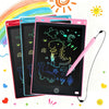 A pink 8.5-inch LCD writing tablet for kids with a stylus pen is shown next to a rainbow and a sun.