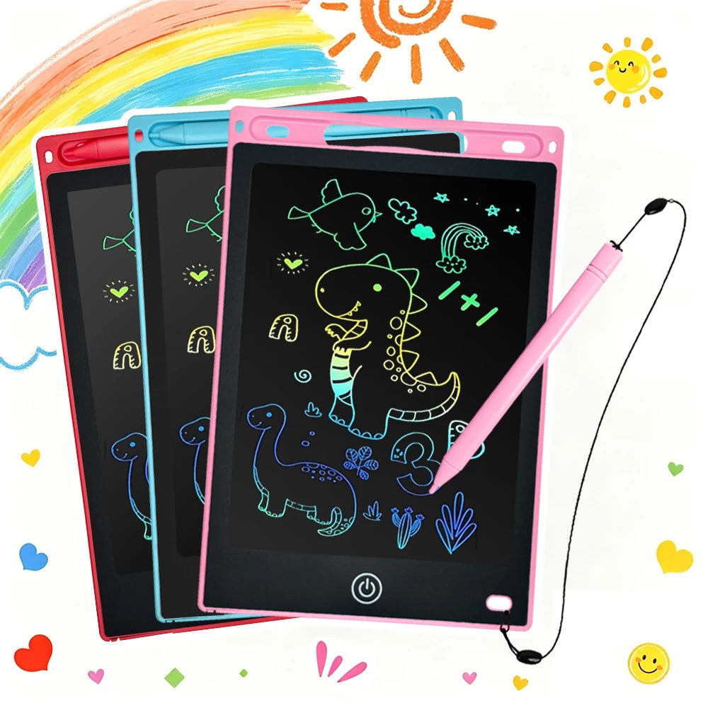 A pink 8.5-inch LCD writing tablet for kids with a stylus pen is shown next to a rainbow and a sun.
