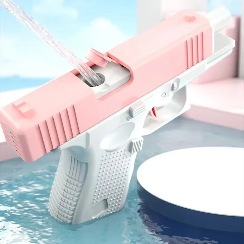 A pink high-pressure water blaster is shown spraying water into a blue surface.