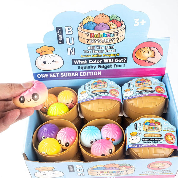 A box of colorful squishy fidget dumplings for stress relief with various colors and a silicone fidget fun