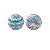 Two round silicone beads decorated with blue, white, and red geometric patterns for jewelry making