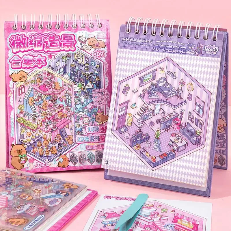 A collection of colorful 3D stacking miniature scene stickers in a pink and purple theme.