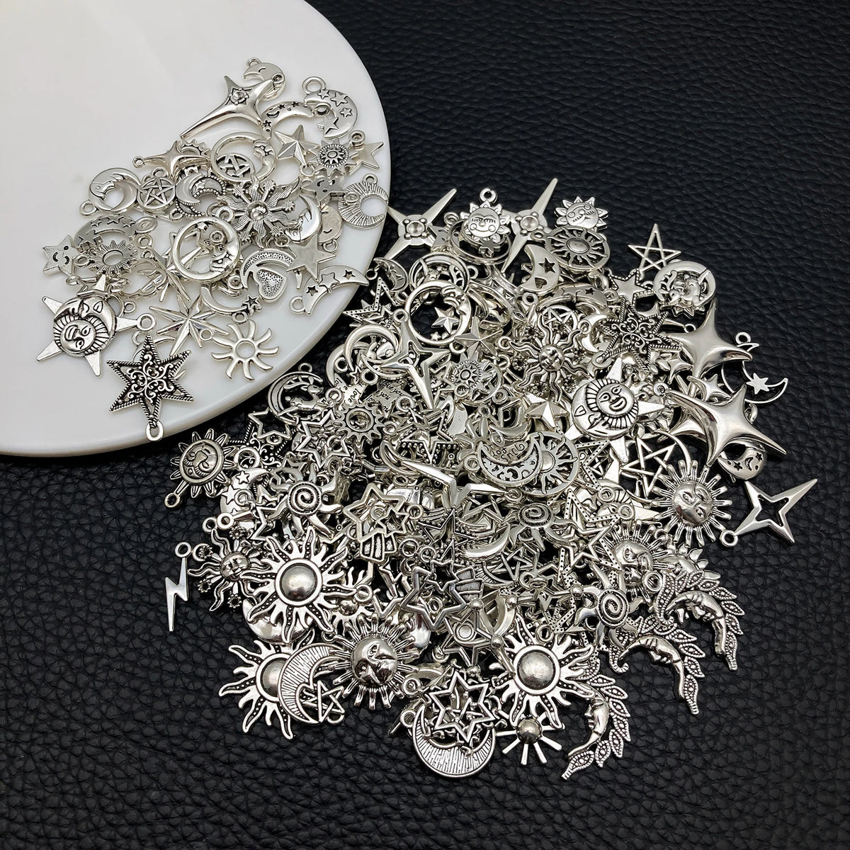 Celestial Charm Assortment – Vintage Silver Stars, Moons & Suns for Jewelry Making
