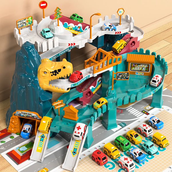 A dinosaur race track playset featuring various vehicles and terrain elements for children's play.