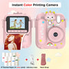 A pink instant color printing camera with a built-in camera and accessories like thermal paper and a neck strap.