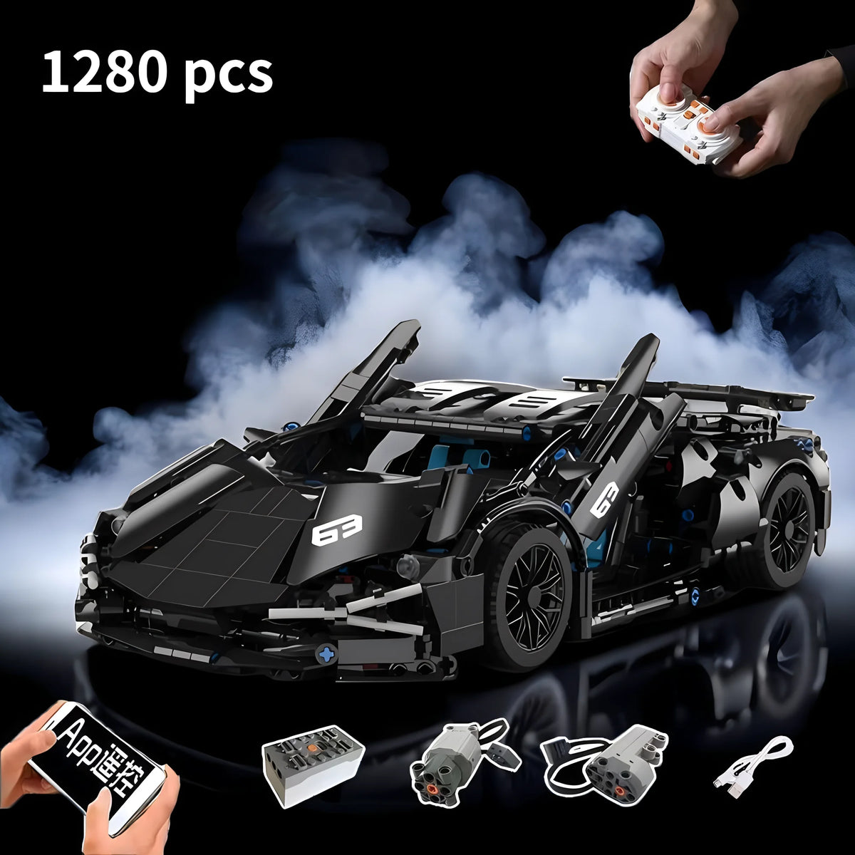 A black 1:14 scale RC sports car building kit with various components and a remote control model being held by a hand.