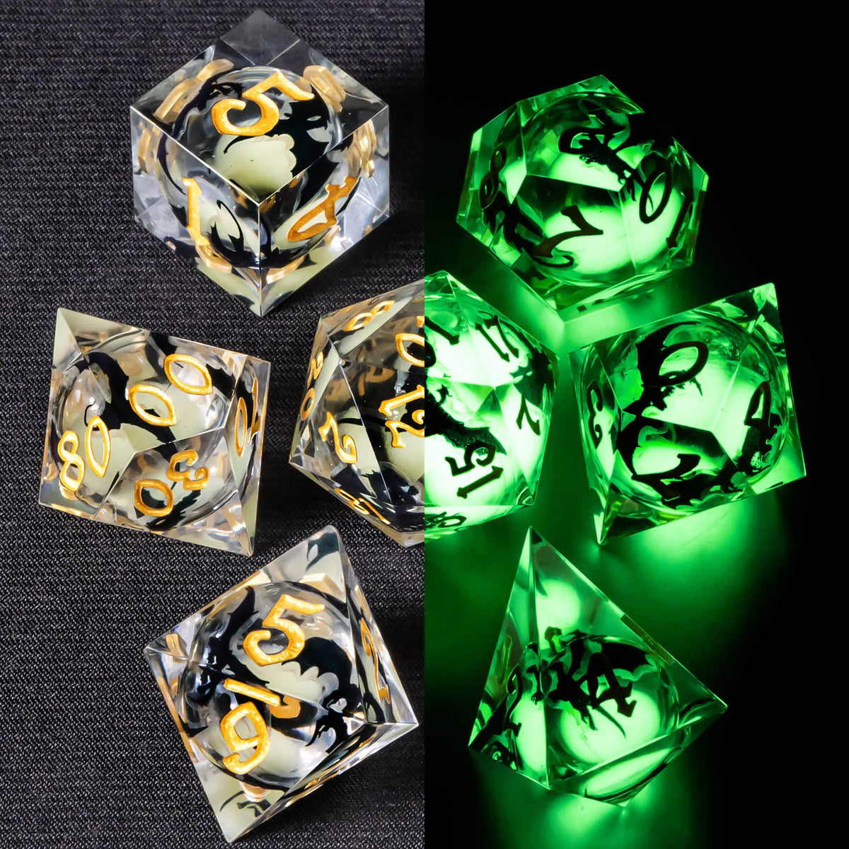 Liquid Core Glow D&D Dice Set with Sharp Edges