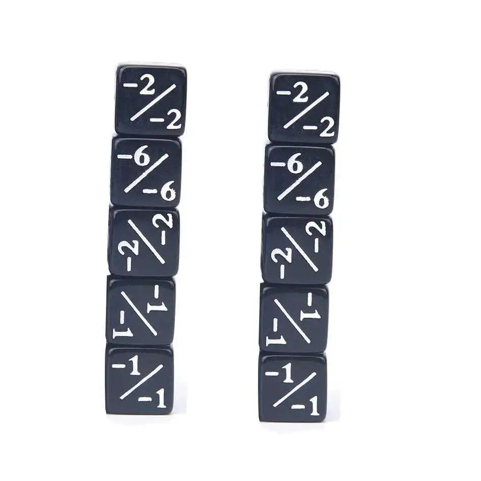 A set of ten dual-color +1/-1 counting dice arranged in two columns.