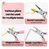 A set of various pliers including round-nose, diagonal, and needle-nose pliers for jewelry making tasks.