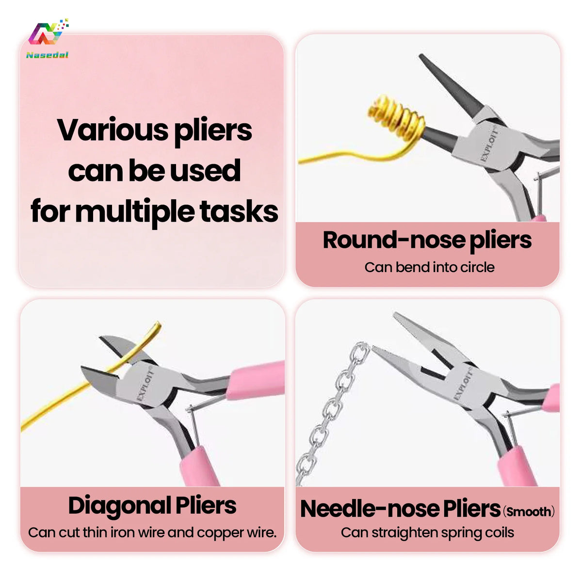 A set of various pliers including round-nose, diagonal, and needle-nose pliers for jewelry making tasks.