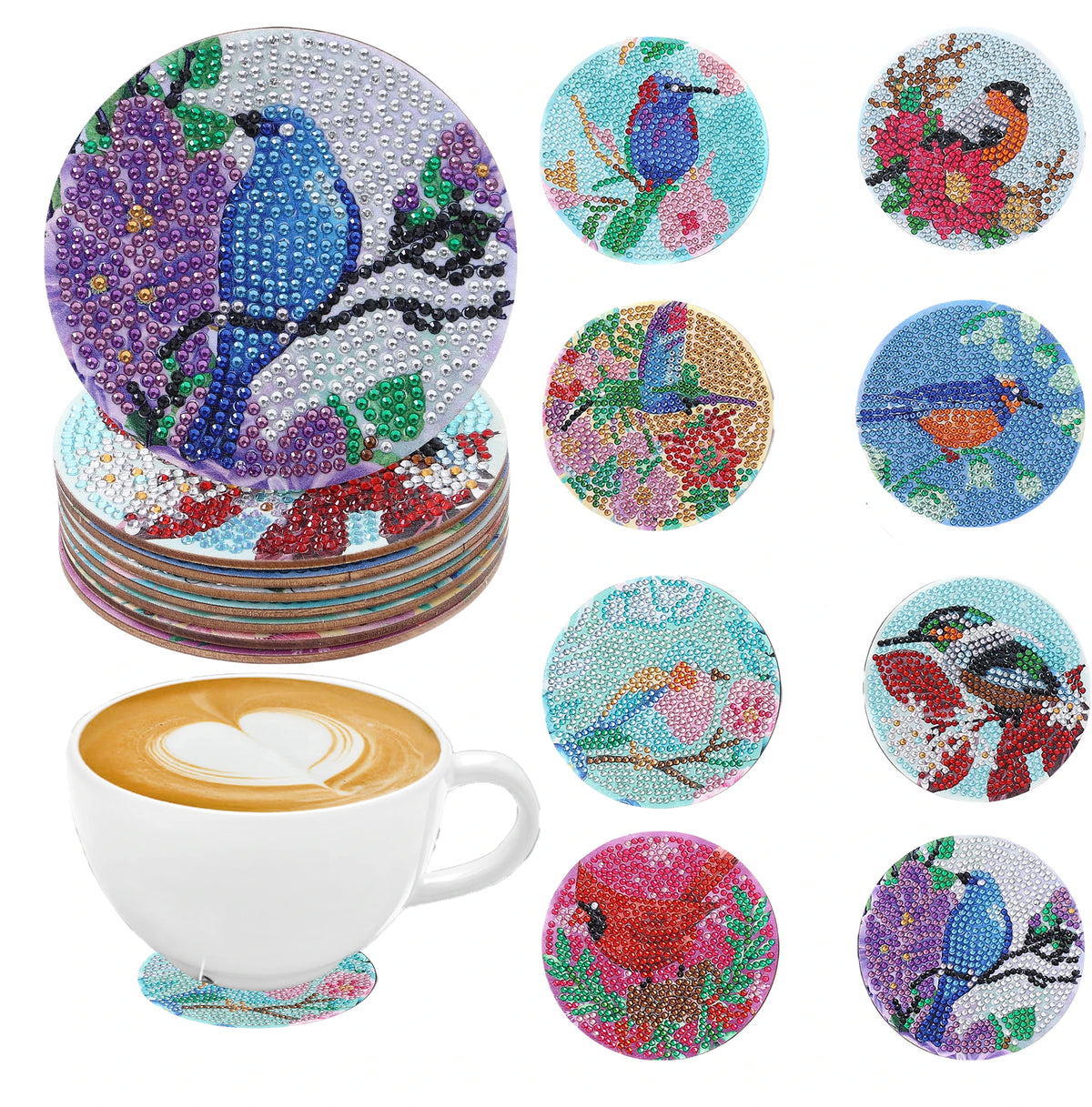 A set of DIY diamond art coasters featuring various colorful animal designs on a white ceramic cup.