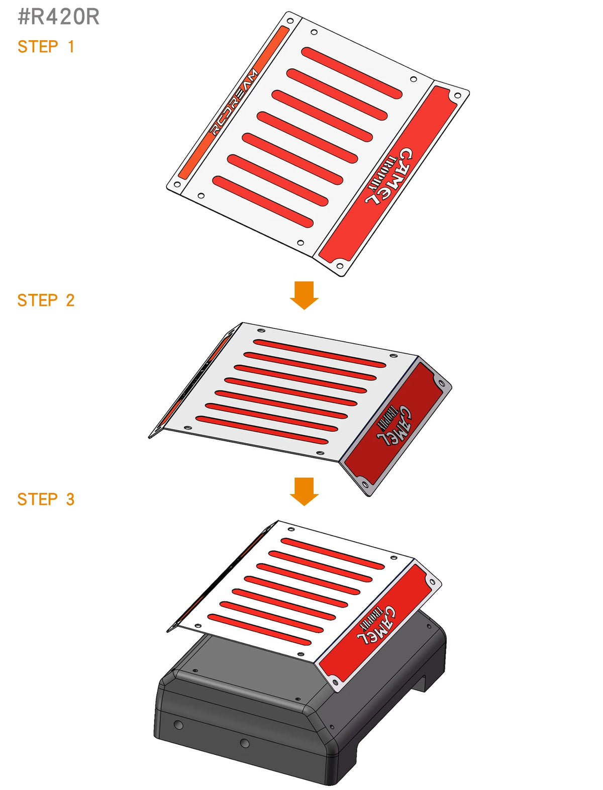 Step-by-step instructions showing the assembly of mud flaps, fuel tank, and exhaust mufflers for an RC car upgrade kit.