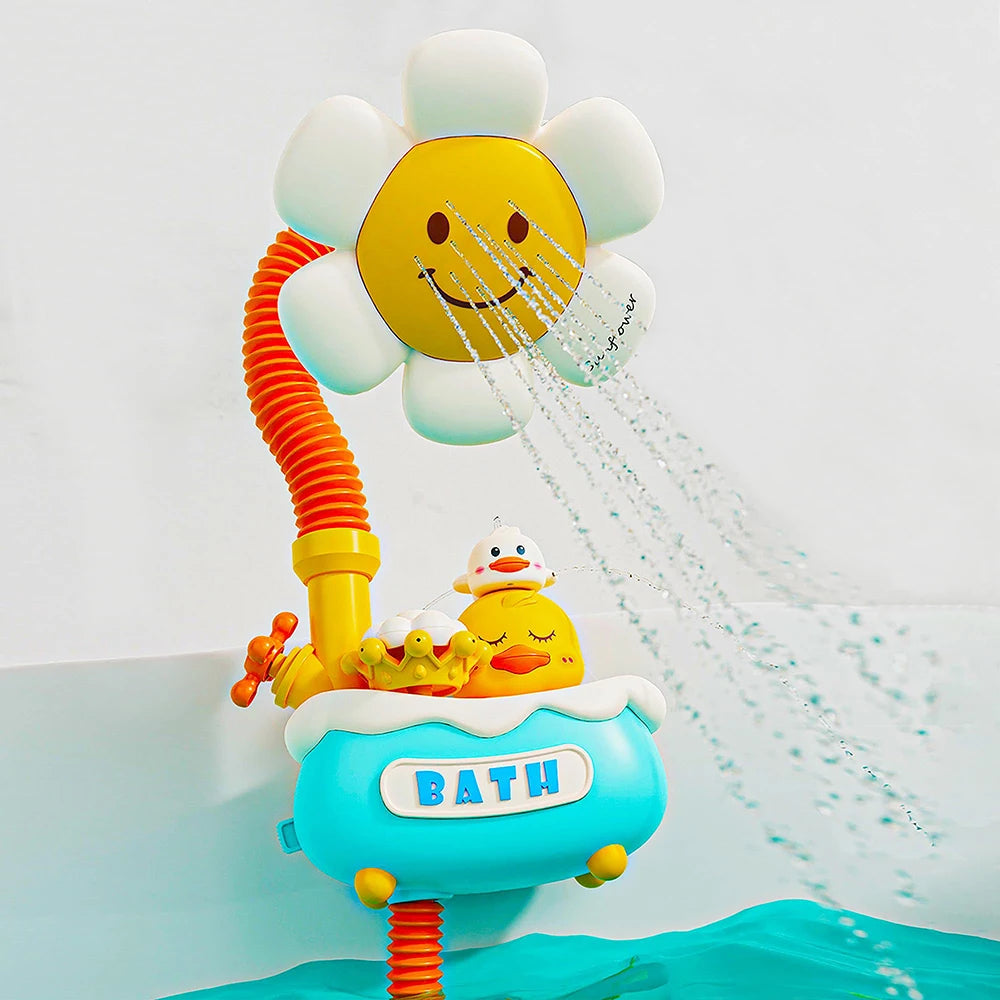 A colorful bath toy set featuring a smiling yellow duck head and an orange sliding track pouring water into a blue tub.