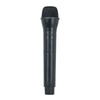 A black realistic toy microphone prop with a fuzzy grille and a cylindrical body.