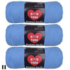 Three skeins of light blue Super Soft yarn labeled Good Yarn for crochet and knitting