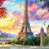 A vibrant painting of the Eiffel Tower at sunset with clouds and birds flying over a Parisian bridge.