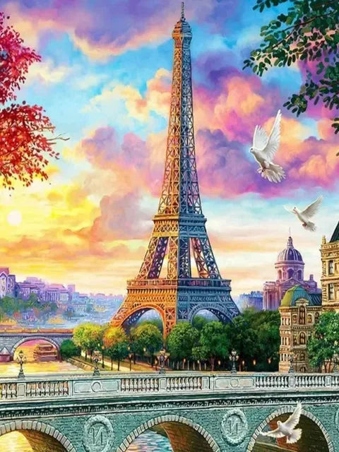 A vibrant painting of the Eiffel Tower at sunset with clouds and birds flying over a Parisian bridge.