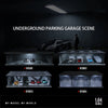 A diorama scene of an underground parking garage with several diecast cars displayed on shelves.