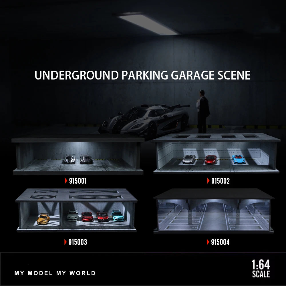 A diorama scene of an underground parking garage with several diecast cars displayed on shelves.