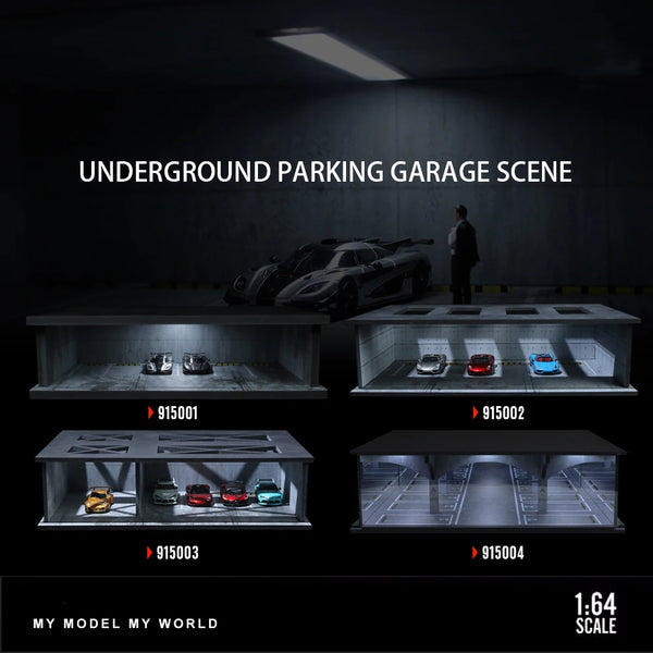 Escena de maqueta de un garaje subterráneo con coches de diecast en estantes.