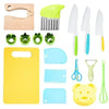 A collection of colorful kids cooking tools including plastic knives, a yellow cutting board, and various kitchen gadgets.