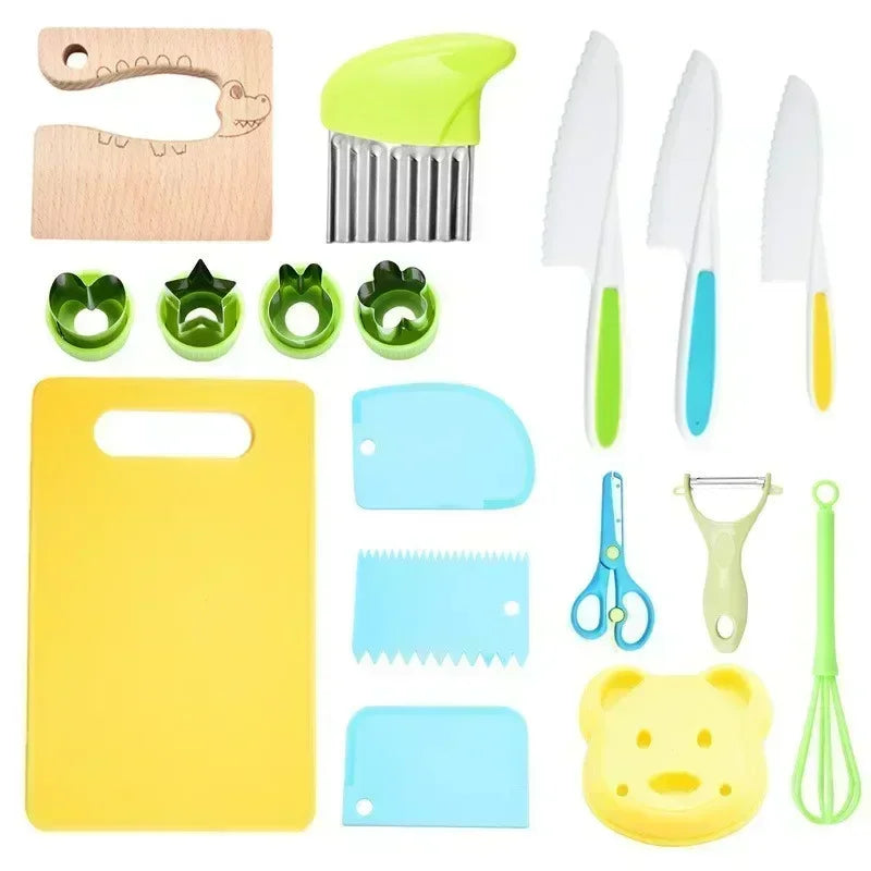 A collection of colorful kids cooking tools including plastic knives, a yellow cutting board, and various kitchen gadgets.