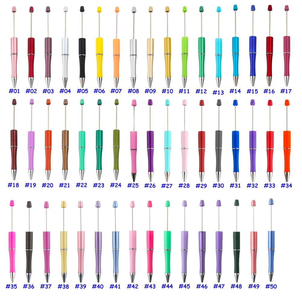 A collection of 35 colorful beadable ballpoint pens with black ink displayed vertically.