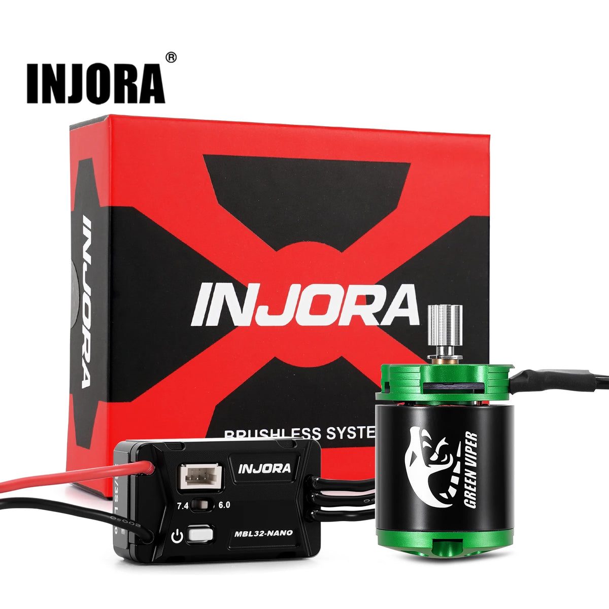 INJORA brushless system combo featuring a red and black box, an INJORA ESC, and a green motor.