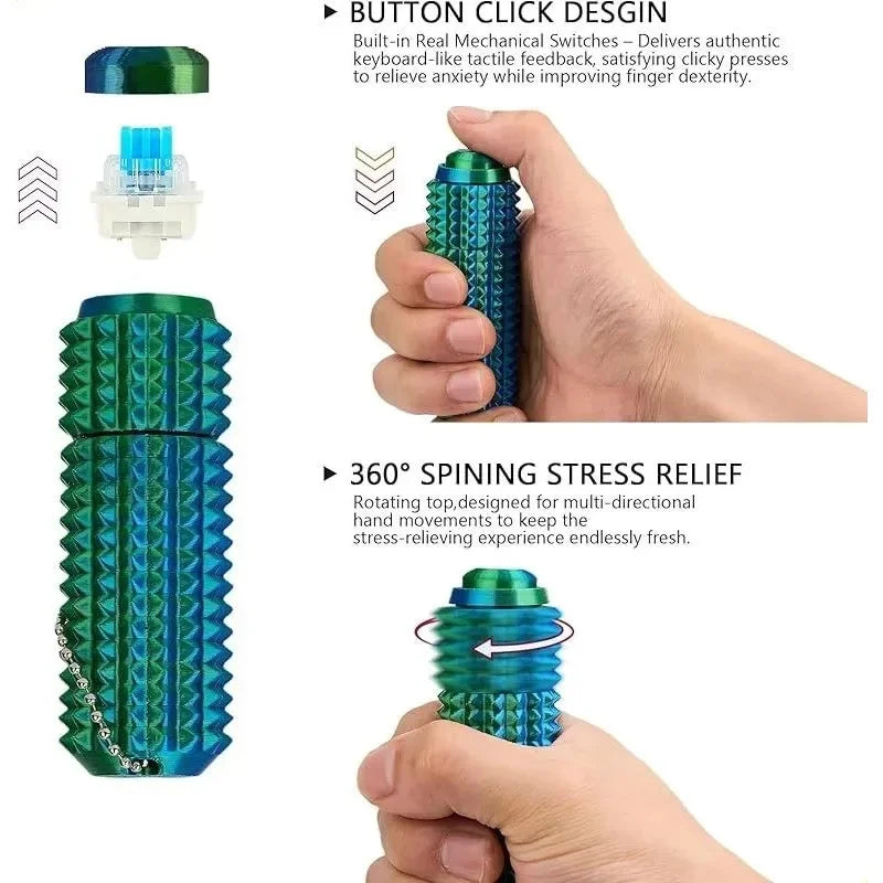 A hand holds a green spiky fidget roller stress relief item designed for relieving anxiety.