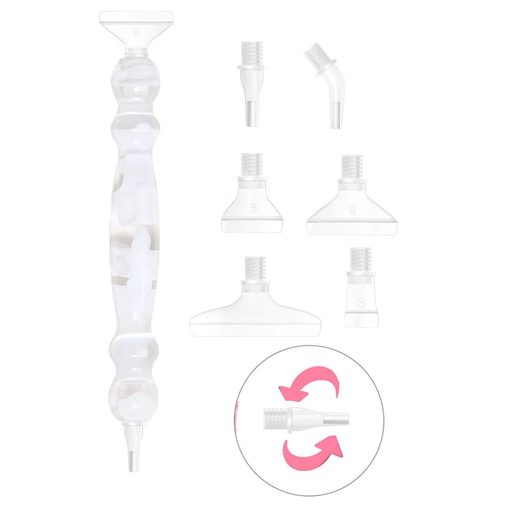 A set of six interchangeable resin diamond painting brush tips shown in various forms and sizes.