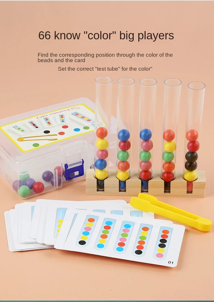 A set of wooden clip beads and test tubes for a color recognition game featuring various colored beads.