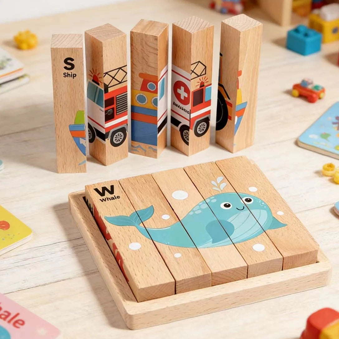 A set of wooden puzzle blocks shaped like ships and whales for children's educational play