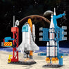 A 107-piece space rocket building blocks set featuring two rockets and a launch center against a starry background.