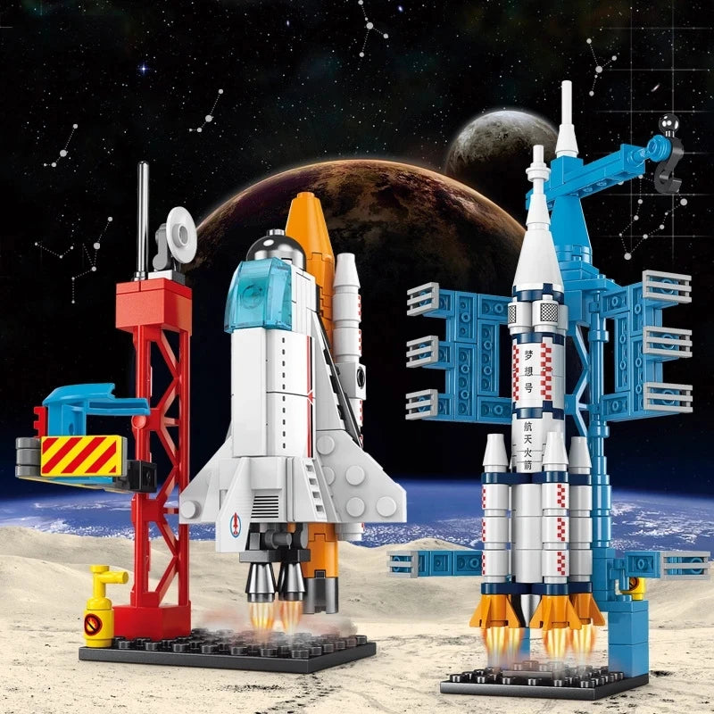 A 107-piece space rocket building blocks set featuring two rockets and a launch center against a starry background.