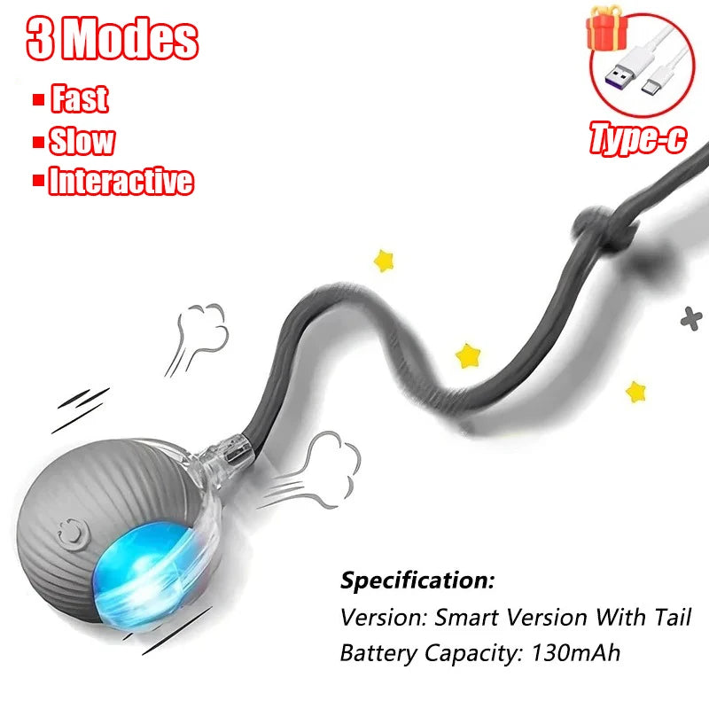 A gray motion-activated cat toy featuring a rolling ball and a flexible tail, demonstrating three modes of operation.