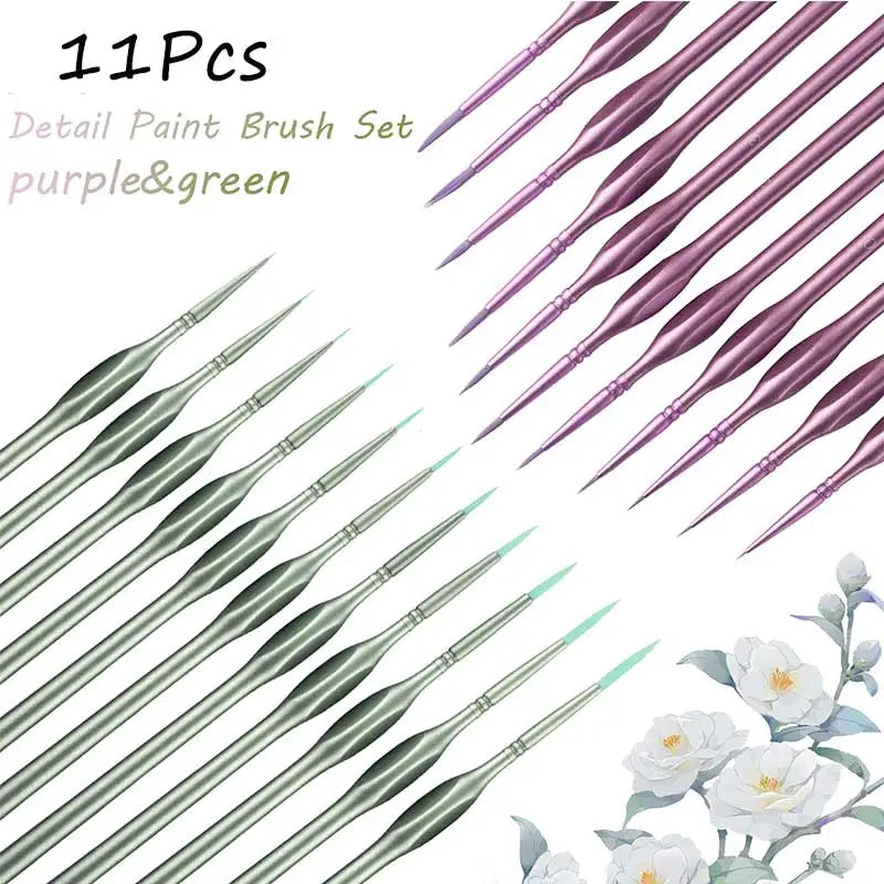 A set of eleven detail paint brushes with purple and green tips and natural wood handles.