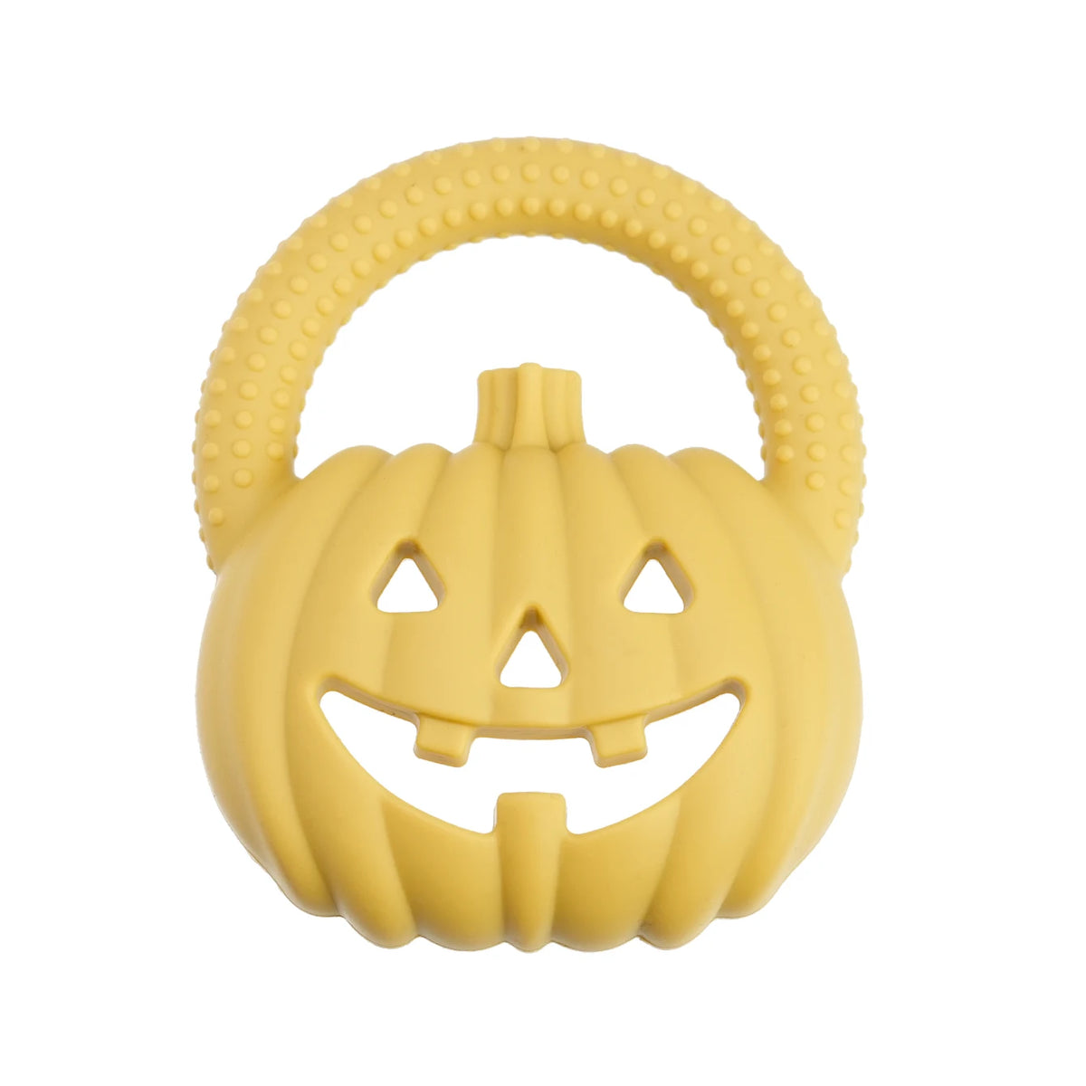 A yellow silicone pumpkin baby teether with a textured handle and carved face for soothing relief.