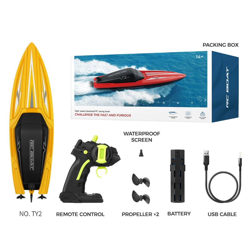A yellow and black high-speed RC boat kit includes a boat, remote control, propellers, battery, and USB cable.