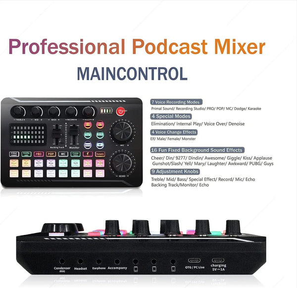 A black professional podcast mixer with various knobs and buttons for sound processing.