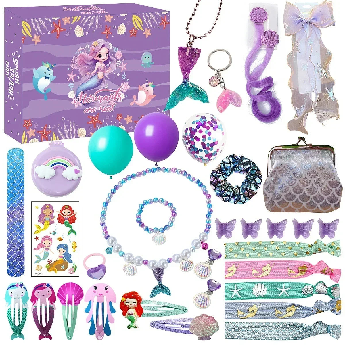A collection of mermaid jewelry including necklaces, earrings, and bracelets presented in a gift box.
