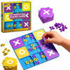A box and game board of an interactive Tic Tac Toe board game with magnetic pieces being played by a hand.