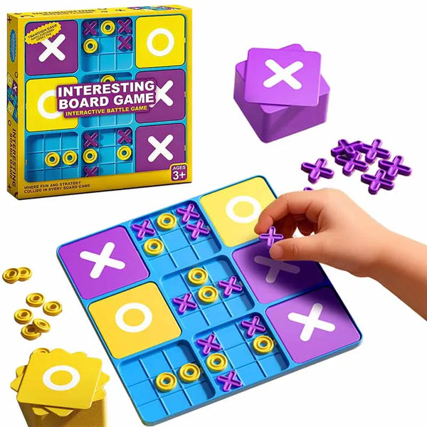 A box and game board of an interactive Tic Tac Toe board game with magnetic pieces being played by a hand.