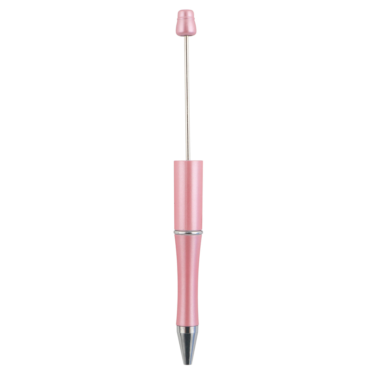 A pink beadable ballpoint pen with a silver tip and a pink cap.