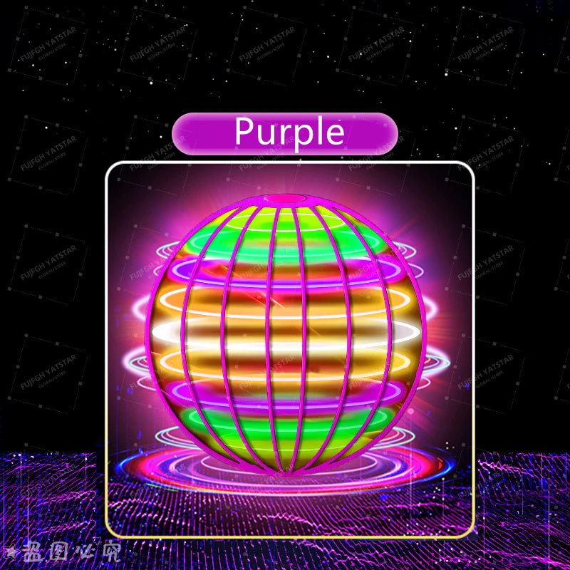 Sphère violette vibrante tournant avec des lumières LED multicolores sur une surface futuriste.