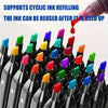 A close-up of a set of 12 permanent art markers with various colored tips, demonstrating ink refilling.